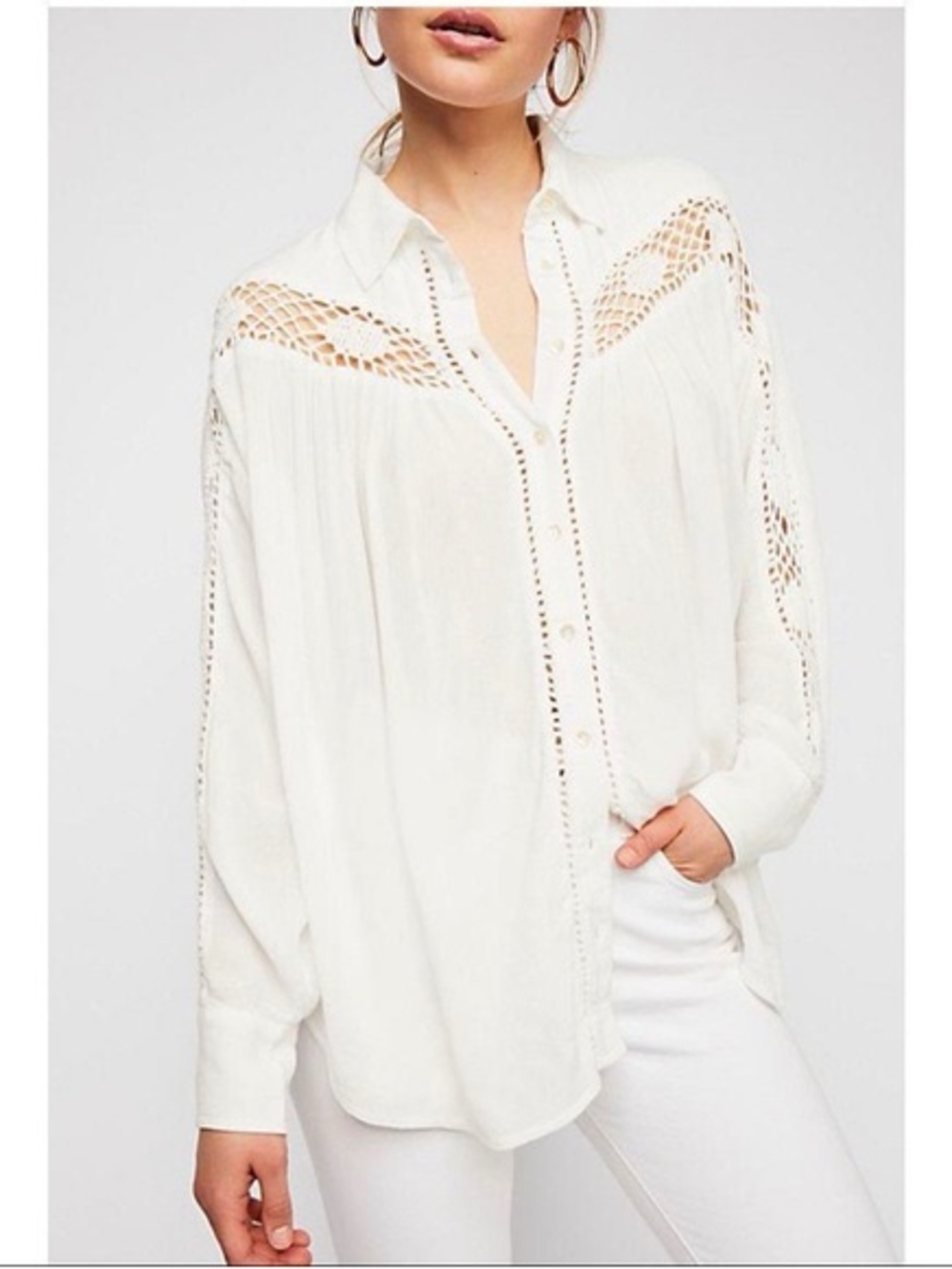 Free People Katie Bird White Button Down Shirt with Lace Accents - Picture 2 of 8